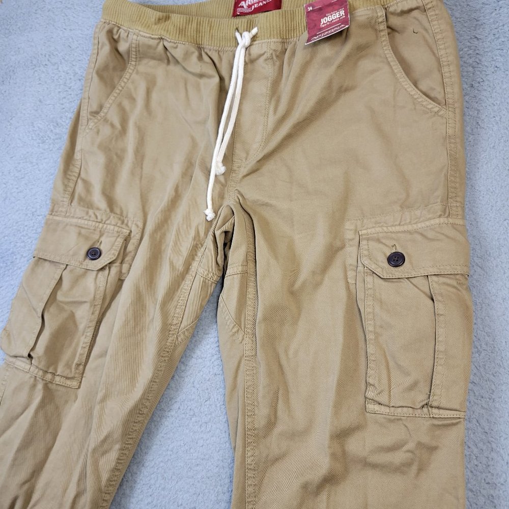 Arizona Jeans Cargo Jogger Pants Men's Size 34 Tapered Fit Elastic Cuffs Beige - Picture 3 of 12